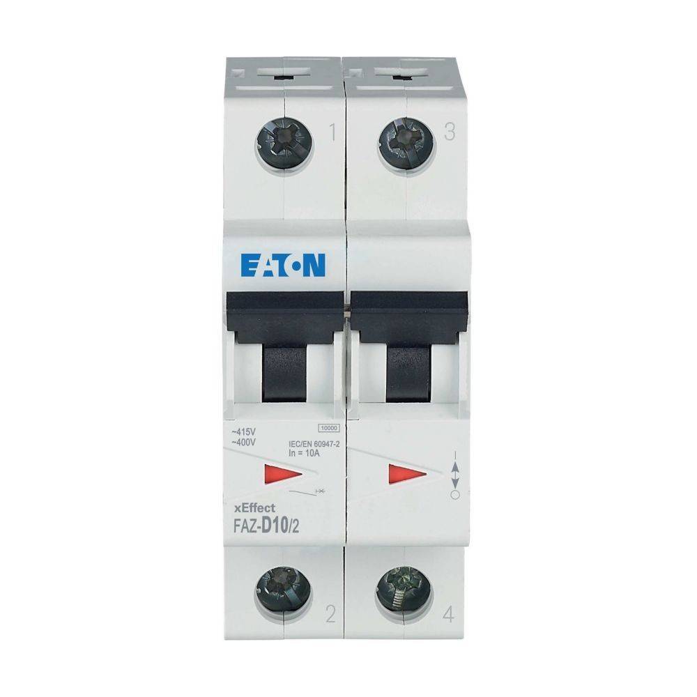 Ein Zweipol-Leistungsschalter mit der Bezeichnung 'EATON xEffect FAZ-D10/2', der für den elektrischen Schutz konzipiert ist.