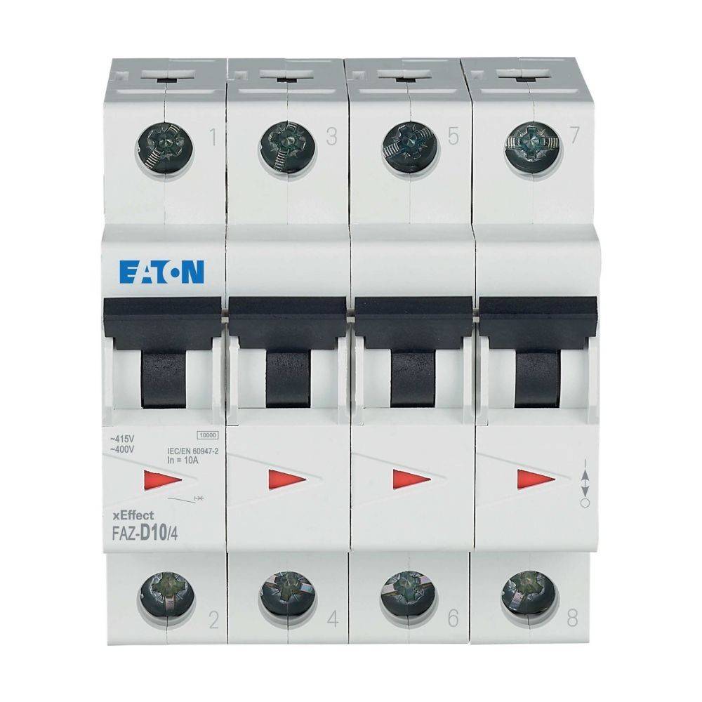 Eaton FAZ-D10/4 Leitungsschutzschalter' mit einer Vier-Pol-Konfiguration, 10A-Nennstrom, mit Kippschaltern zur Steuerung elektrischer Stromkreise.