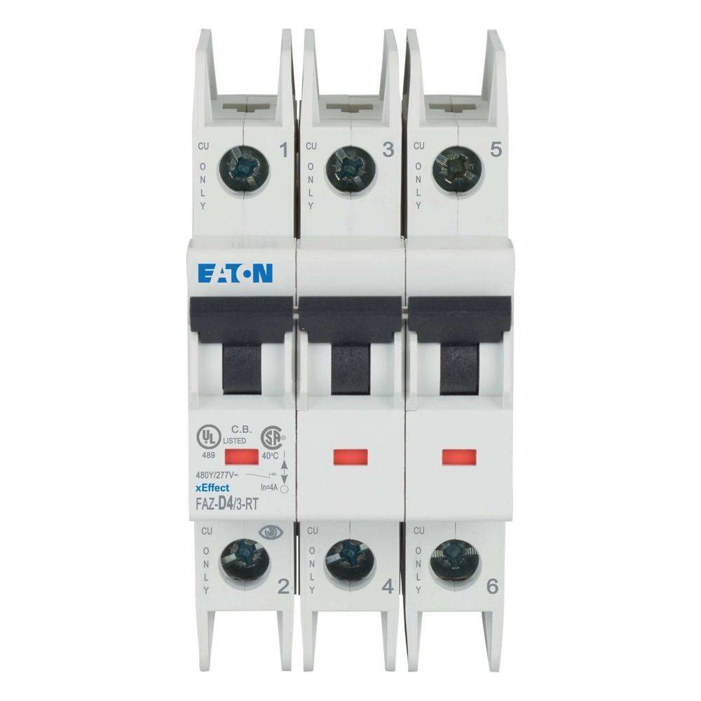 Ein dreipoliger Leistungsschalter von Eaton mit Beschriftung und Nummernhinweisen, ausgelegt für Schutzanwendungen in elektrischen Systemen.