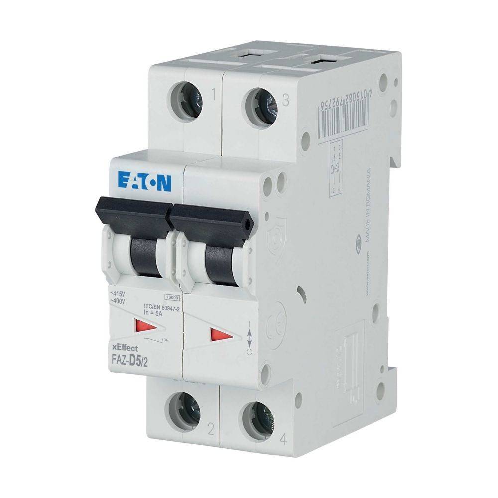Eaton xEffect FAZ-D5/2' Leistungsschalter mit Doppelschaltern, verwendet für elektrische Sicherheit und Schutz vor Überstrom.