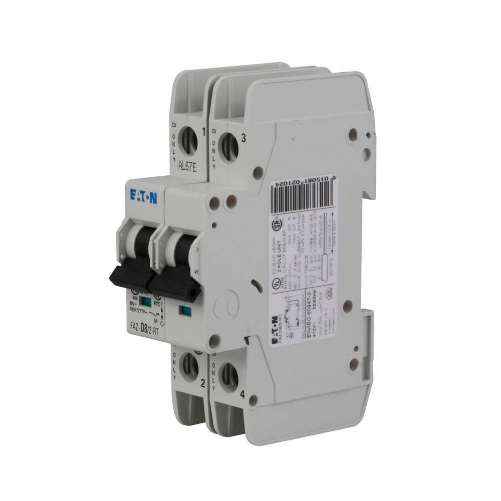Ein weißer elektrischer Leistungsschalter mit einem schwarzen Schalter, mit dem Etikett 