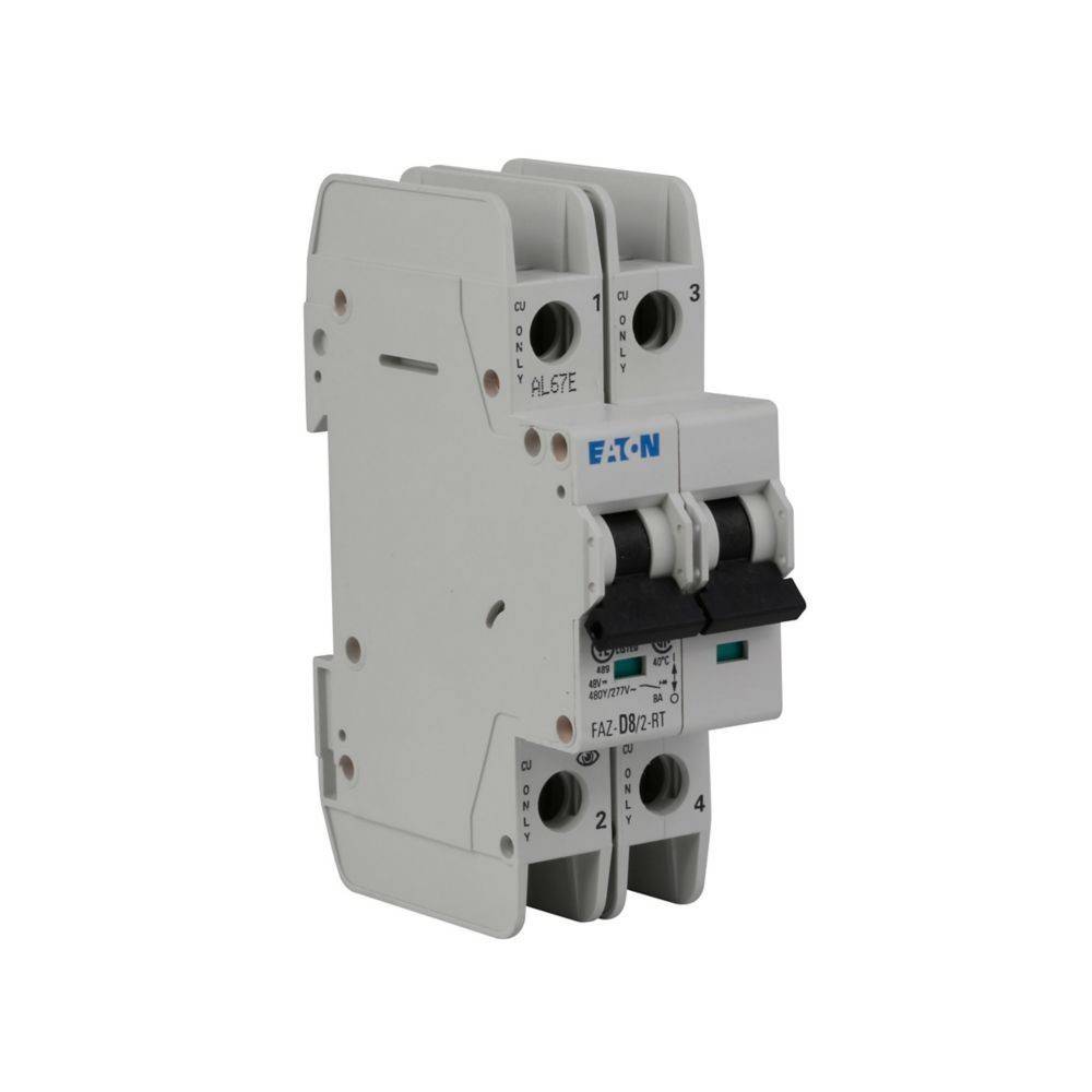 Weißer Zwei-Pol-Leistungsschalter mit schwarzen Schaltern von Eaton, gekennzeichnet als PL6ZFE und FAZ-D8/2 FI. Entwickelt für elektrische Sicherheitsanwendungen.