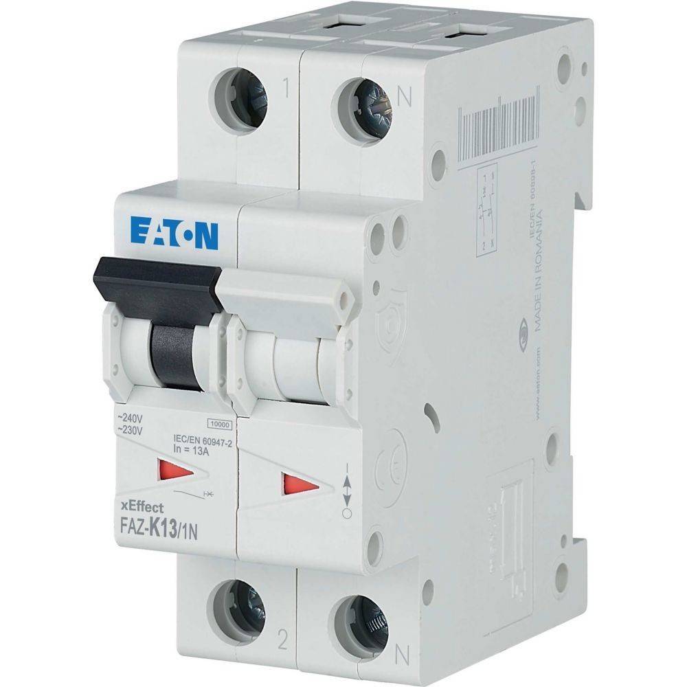 Eaton FAZ-K13/1N Leitungsschutzschalter mit xEffect-Technologie, 230V/240V, 50/60Hz, zweipolig, in einer seitlichen Winkelansicht dargestellt.