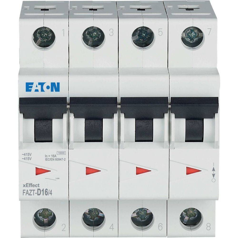 Vier weiße Leitungsschutzschalter mit schwarzen Schaltern und roten Pfeilen, gekennzeichnet als 'Eaton xEffect FAZ-T D16/4', zur elektrischen Schutz- und Steuerung.