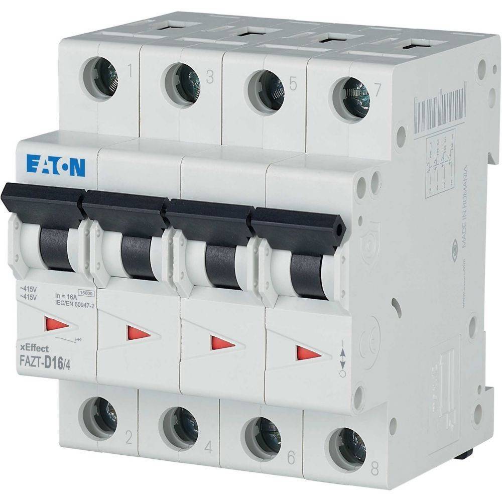 Ein vierpoliger Leistungsschalter mit der Bezeichnung 'Eaton FAZ-T-D16/4', der für elektrische Sicherheit konzipiert ist und mit Kippschaltern und deutlichen Anzeigen ausgestattet ist.
