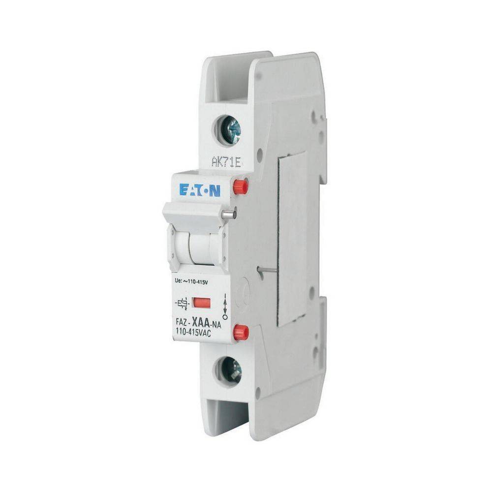 Ein einpoliger Eaton-Leistungsschalter, Modell FAZ-X1-A1A, ausgelegt für 110-415VAC. Er verfügt über einen Kippschalter und Befestigungslöcher.
