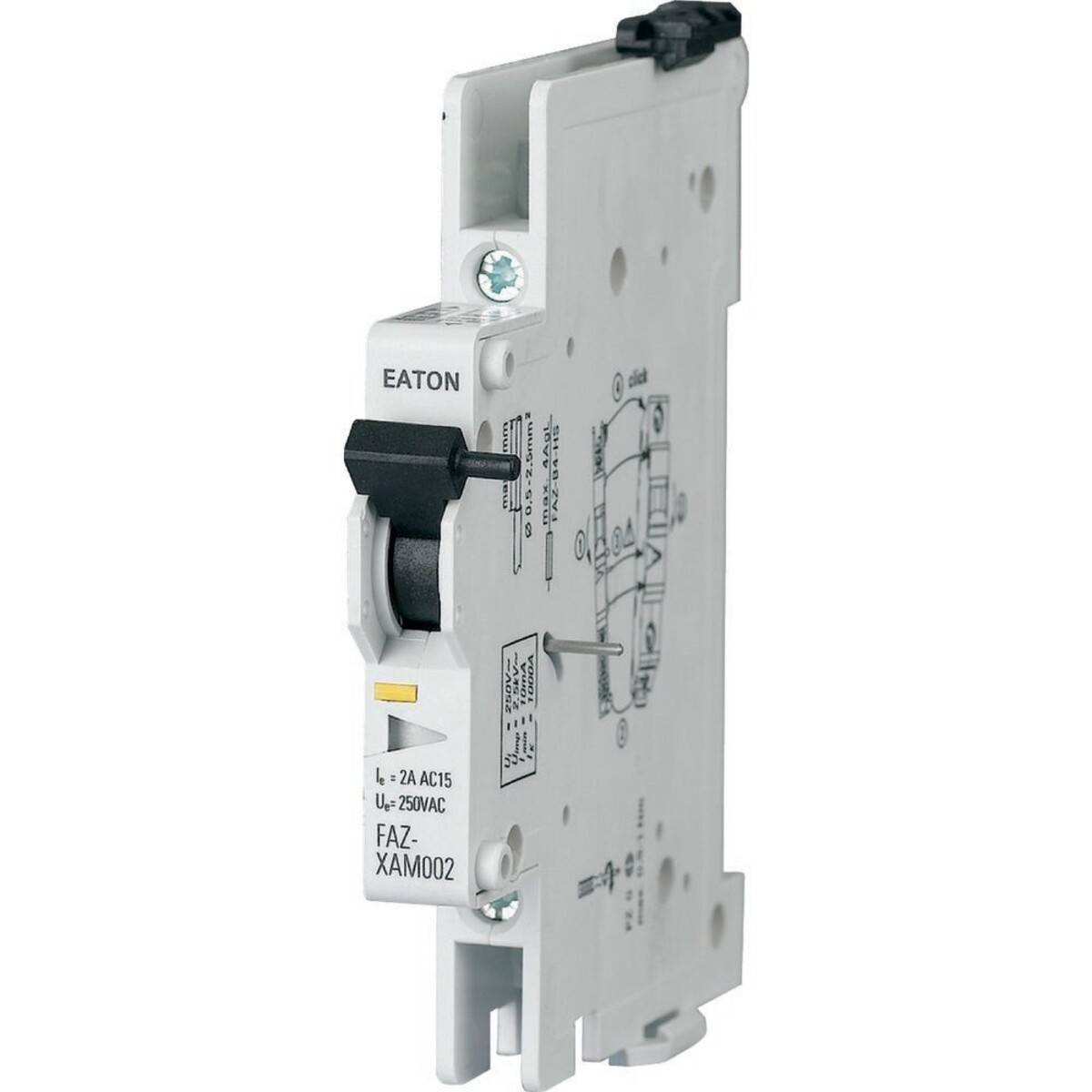 Ein weißer Eaton-Leistungsschalter mit einem schwarzen Schalter wird gezeigt. Er enthält Modell- und Kapazitätsangaben an seiner Seite, was darauf hindeutet, dass er für elektrische Systeme verwendet wird.