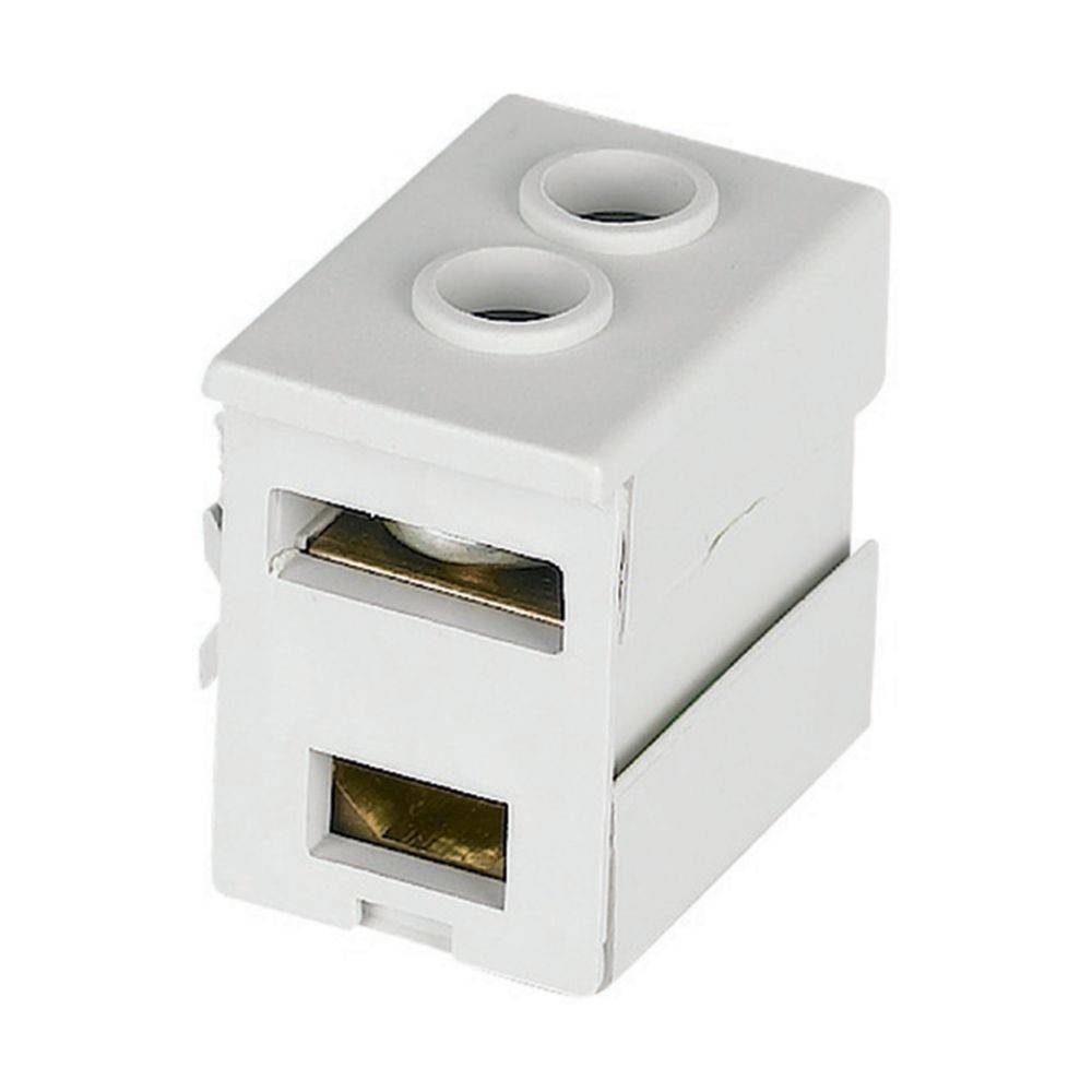 Ein weißer Elektro-Klemmenblock mit zwei Drahtanschlusspunkten oben, konzipiert für sichere Verkabelung in elektrischen Schaltkreisen.
