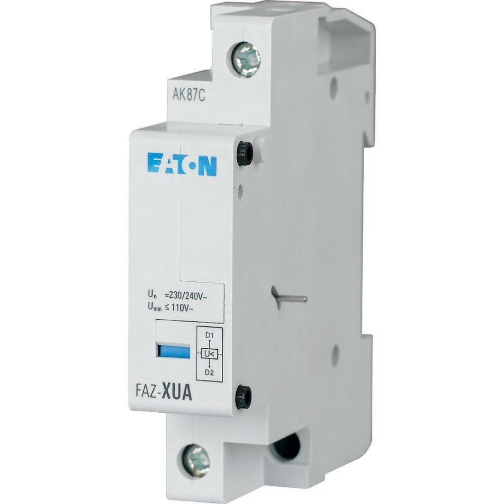 Einpoliger Eaton-Leistungsschalter mit der Bezeichnung 'FAZ-XUA', mit den technischen Daten '230/240V, 5-110V Ua'. Weißes Gehäuse, blaues Etikett.