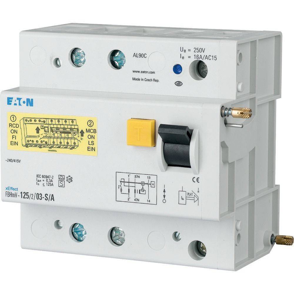 Eaton-Leitungsschutzschalter mit gelbem Testknopf und schwarzem Schalthebel, ausgelegt für 16A und 250V, Modell FAZ-N.