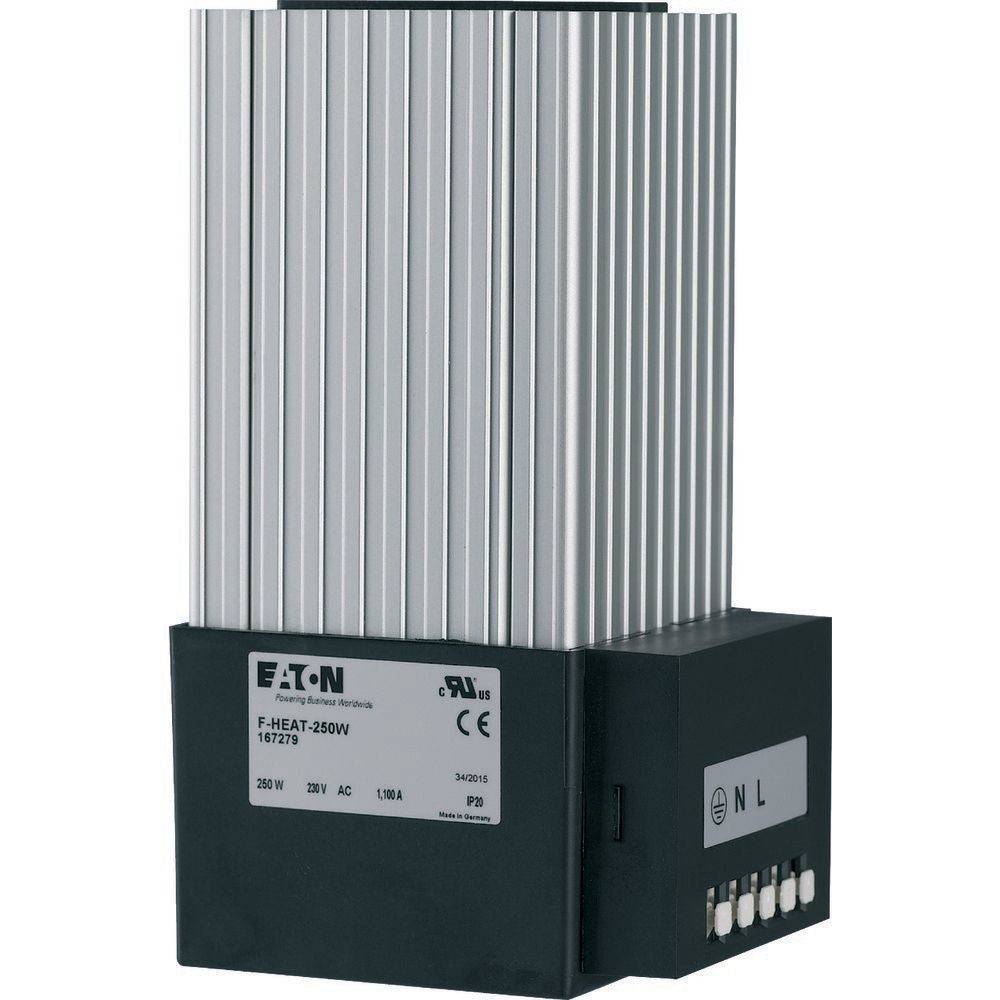Ein rechteckiges elektrisches Gerät mit einer gerippten Metalloberfläche und einer schwarzen Basis, die auf der rechten Seite fünf Anschlussklemmen aufweist.