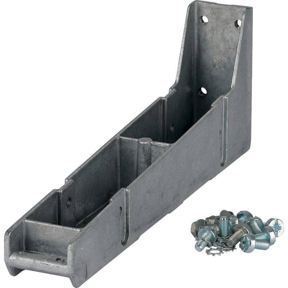 Ein Stahlträgerhalter mit Schrauben daneben, verwendet zum Befestigen von Holzbalken in der Bauwirtschaft.