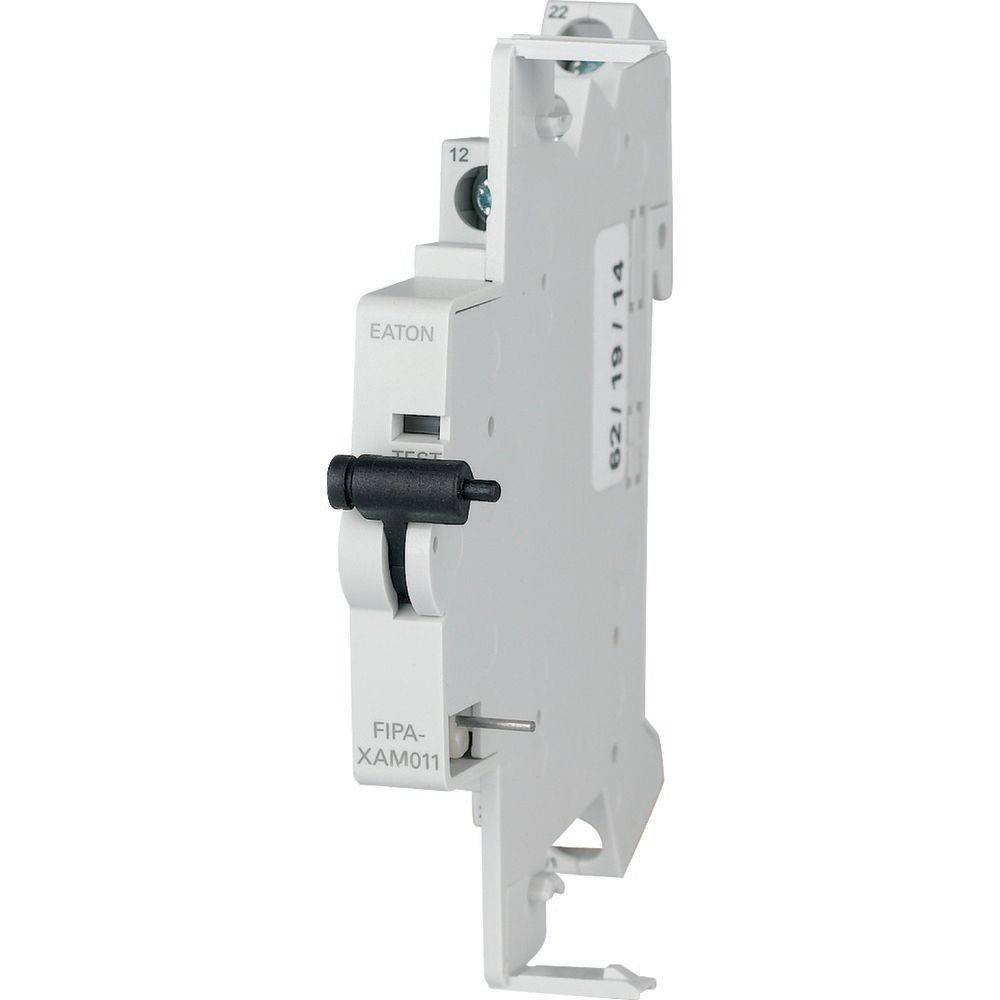 Eaton Hilfsschalterblock, Modell FIPA-XAM011, Seitenansicht, weiß, verwendet zur Montage an Leistungsschaltern für elektrische Installationen.