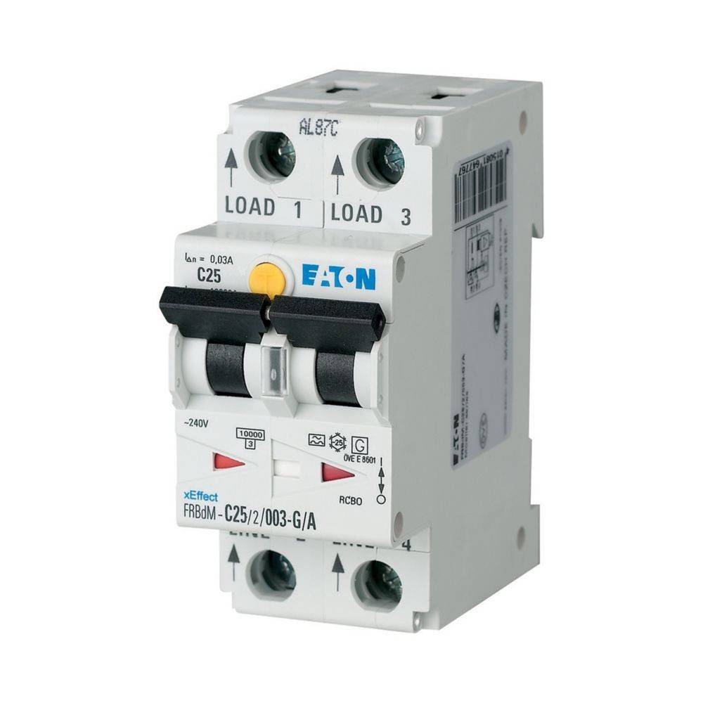 Eaton C25 Leistungsschalter, 240V, 25A. Verfügt über zwei Schalter und beschriftete Klemmen. Wird zur elektrischen Laststeuerung und -absicherung eingesetzt.