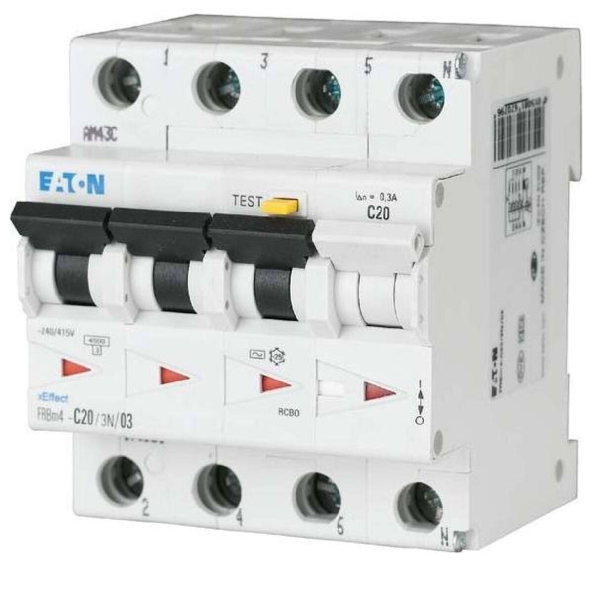 Elektrischer Leitungsschutzschalter mit vier Schaltern, mit 'C20' für 20 Ampere beschriftet. Markenname 'EATON' auf dem Gerät, was auf seine Schutzfunktion in elektrischen Systemen hinweist.