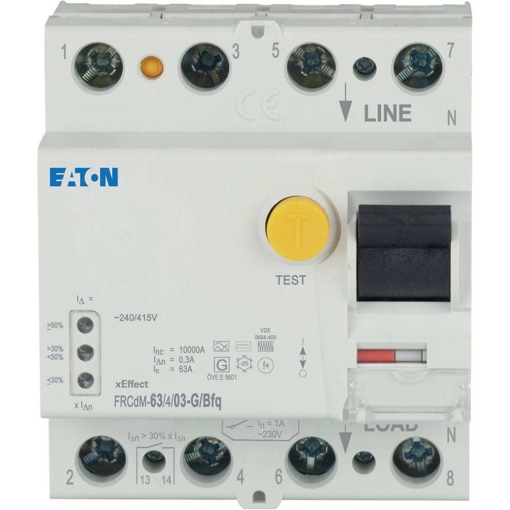 Leistungsschalter 'FRCdM-63/4/03-G/Bfq' mit Prüftaste und Last-/Leitungsklemmen von Eaton. Ausgelegt für 240/415V, 63A und maximal 10.000A.