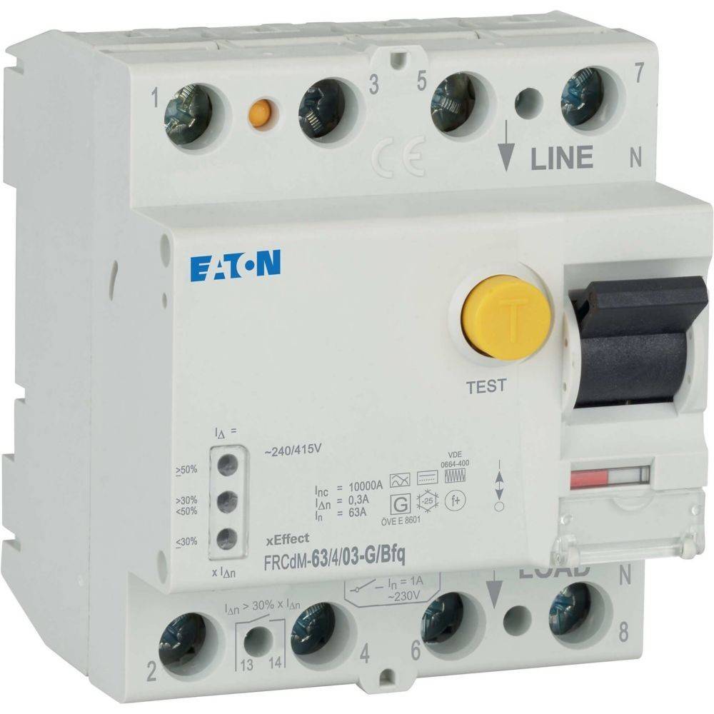 Elektrischer Leistungsschalter mit der Markenbezeichnung 'Eaton'. Er verfügt über eine gelbe 'Test'-Taste und sichtbare Anschlussklemmen, die mit 'Line' und 'Load' beschriftet sind.