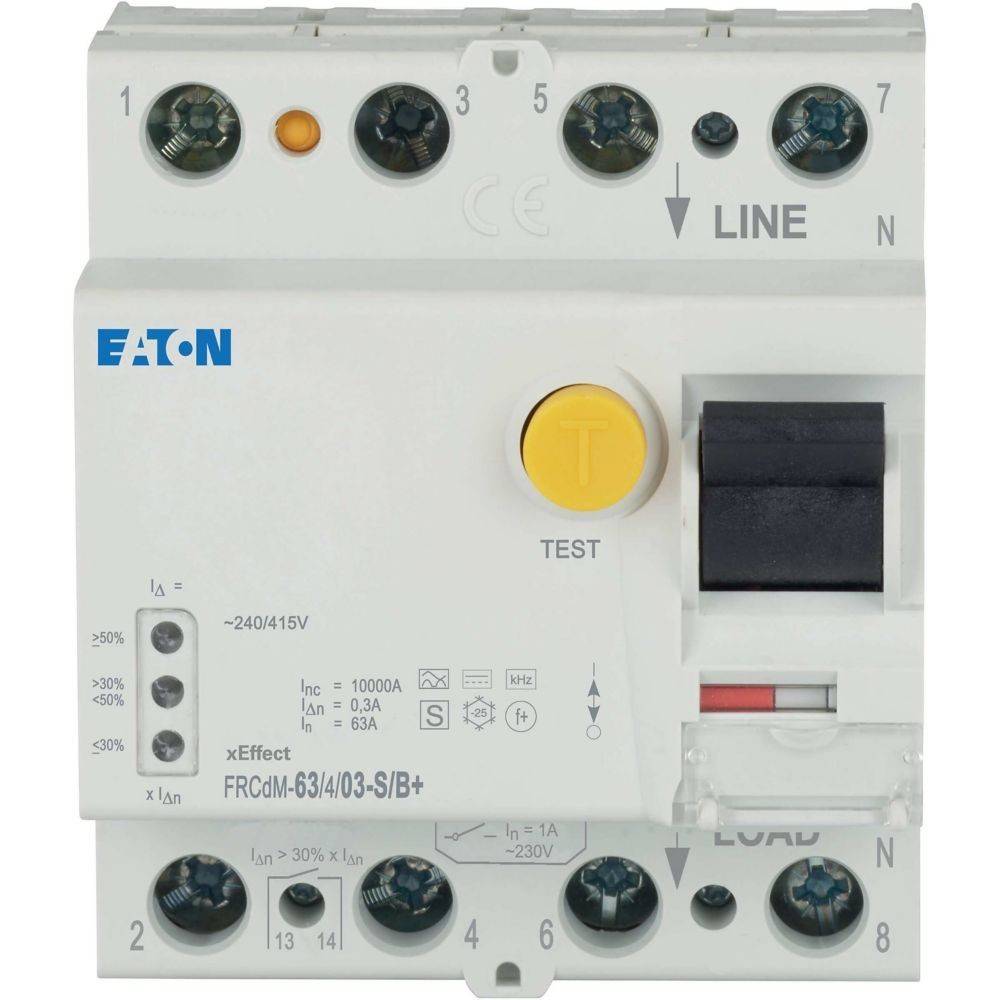 Eaton-Leistungsschalter mit gelbem Testknopf und beschrifteten Eingängen für Leitung und Last, verwendet zur elektrischen Sicherheitskontrolle.