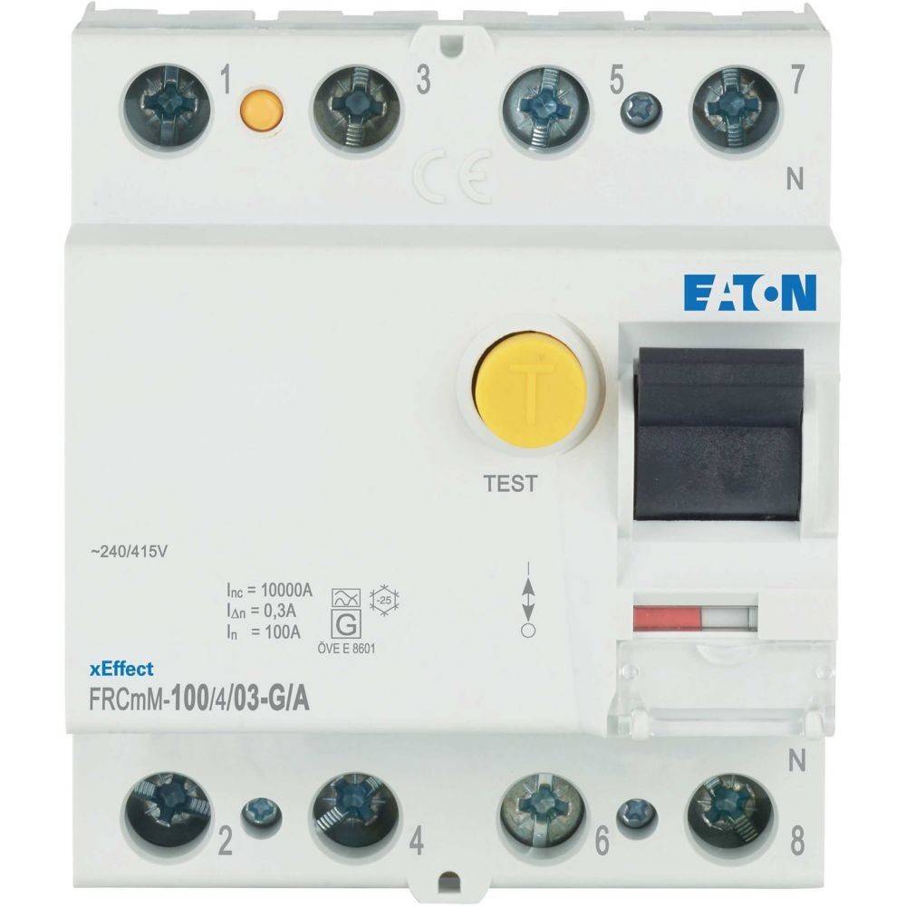 Eaton RCCB-Gerät, Modell FRCmM-100/4/03-G/A, verwendet zum Schutz elektrischer Schaltkreise vor Stromleckage, mit Testknopf und Schaltern.