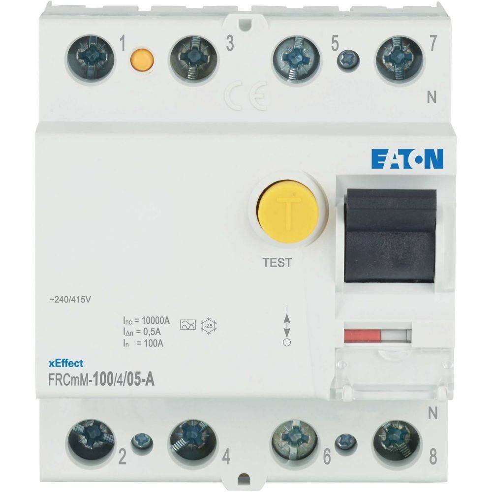 Eaton-Leistungsschalter mit gelbem Testknopf und schwarzem Schalter. Modell FRCmM-100/4/05-A, ausgelegt für 240/415V, 1000A, 0,5A und 100A.