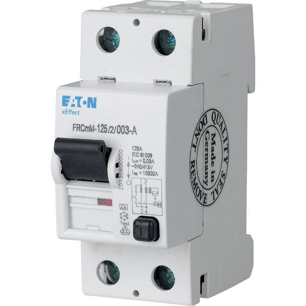 Leistungsschalter mit der Bezeichnung 'Eaton xEffect 125A', mit zwei Schraubanschlüssen und Schalter. Geeignet für 400/415V, 50/60Hz-Systeme.