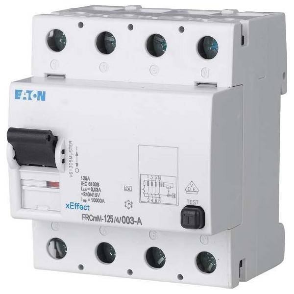 Ein weißer, rechteckiger Eaton-Sicherungsautomात mit beschrifteten Einstellrädern und einem Testknopf, der zur elektrischen Sicherheit und Steuerung verwendet wird.