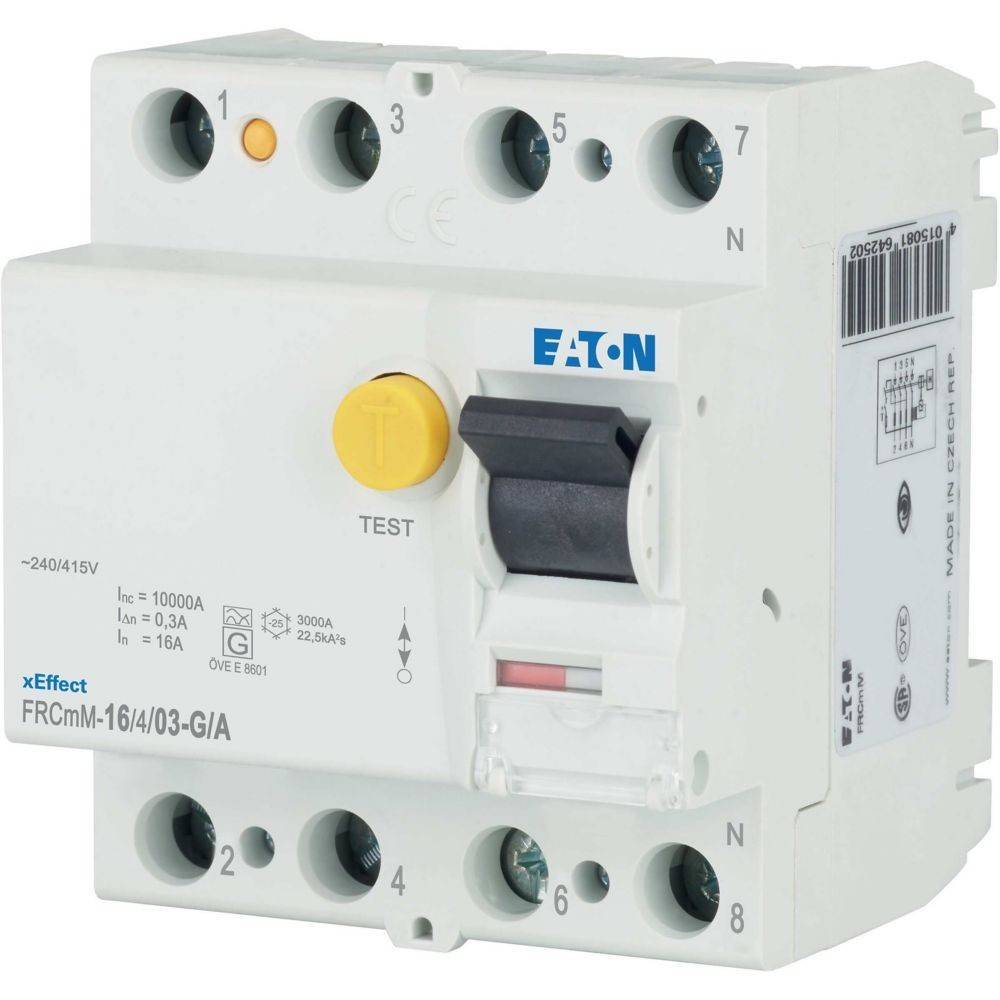 Elektrischer Leitungsschutzschalter, gekennzeichnet mit dem 'Eaton' Logo, ausgestattet mit einer gelben Testtaste, Kippschalter und beschrifteten Anschlusspunkten.