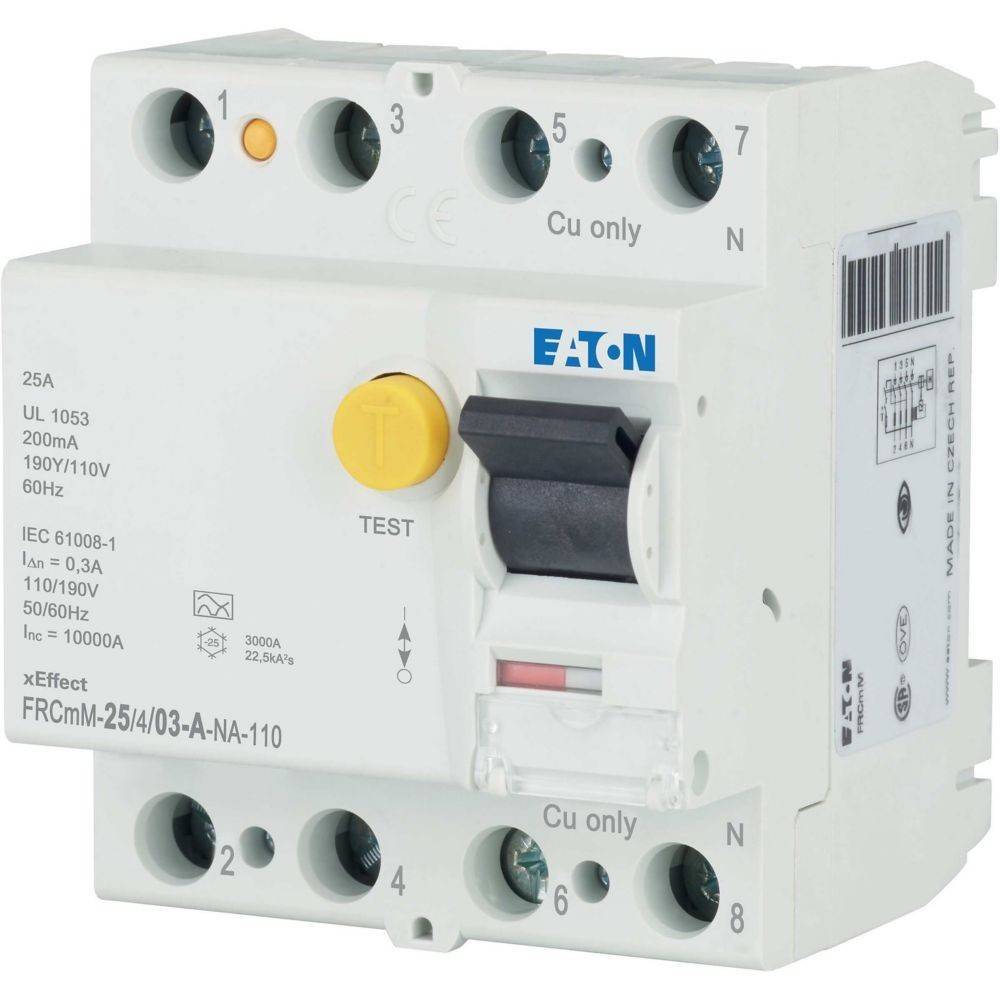 Leitungsschutzschalter mit Testknopf, bemessen mit 25A, 200mA. Etiketten weisen darauf hin, dass er nur für Kupferleiter ('Cu only') geeignet ist, für 110/230V, 50/60Hz Systeme.