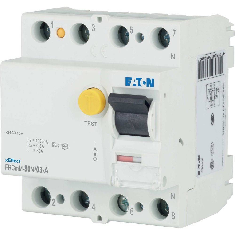 Eaton Fehlerstromschutzschalter (FI-Schalter) mit Testknopf, bezeichnet als FRCmM-80/4/03-A, ausgelegt für elektrische Sicherheit und Schutz.
