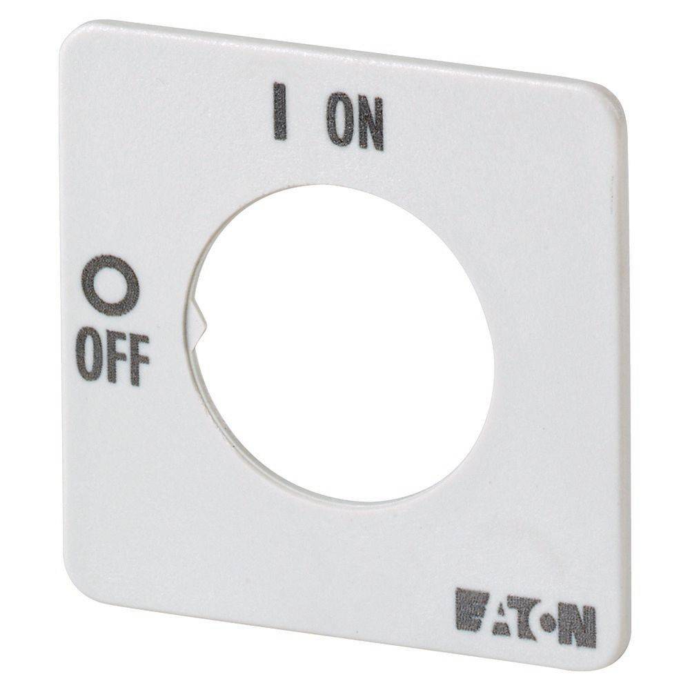 Weißes Panel mit einer kreisförmigen Aussparung. Markierungen auf dem Panel: '0 AUS' links und 'I EIN' oben. Eaton-Branding unten rechts.