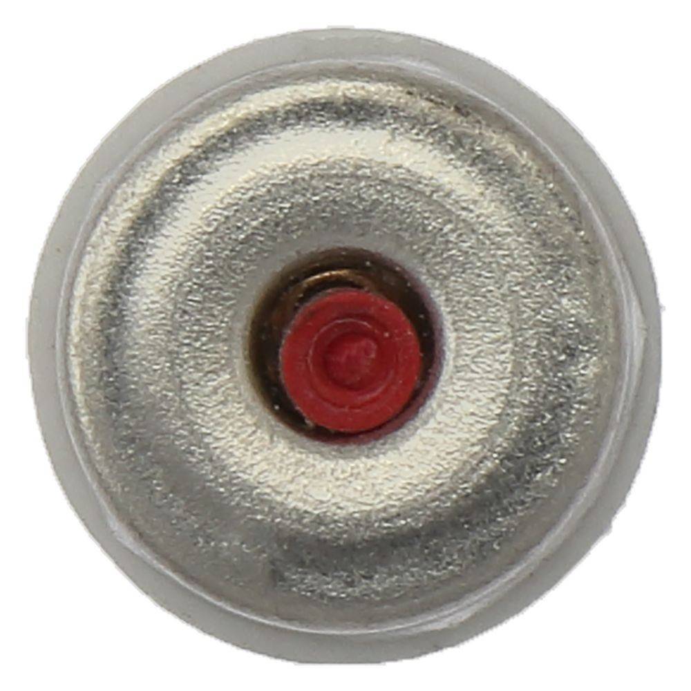 Silbernes Metallrundobjekt mit einem roten Zentrum, ähnlich dem Boden einer Batterie.
