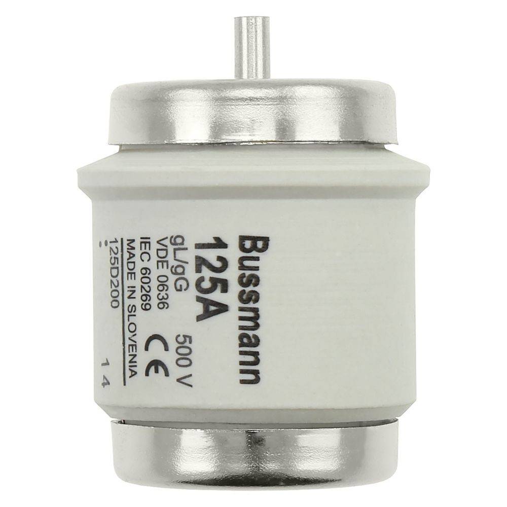 Eine Bussmann 125A 500V elektrische Sicherung mit Metallfuß und Metalldeckel. Die Sicherung verfügt über Zertifizierungszeichen und wird in Slowenien hergestellt.