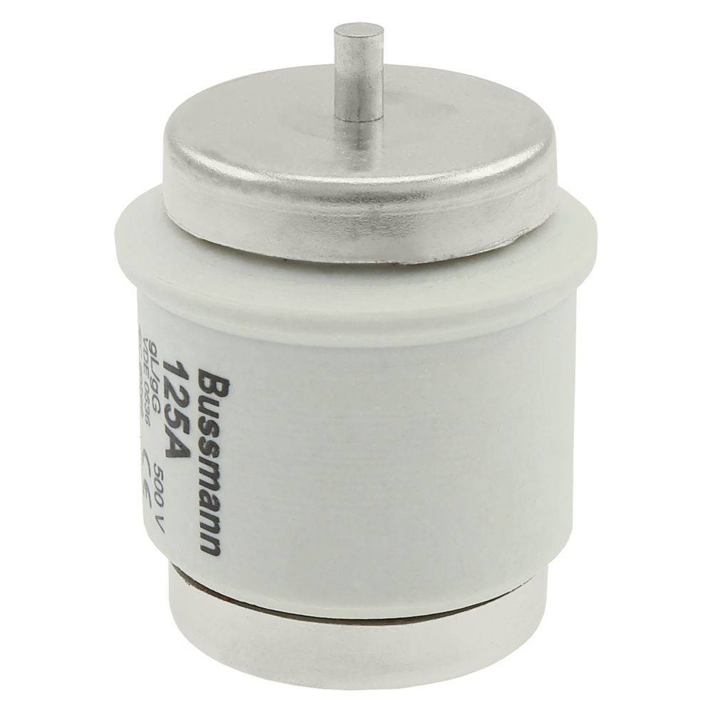 Eine weiße zylindrische elektrische Sicherung mit der Aufschrift 'Bussmann 125A 900V' mit einem Metalldeckel und -sockel, die zur Stromkreisabsicherung verwendet wird.