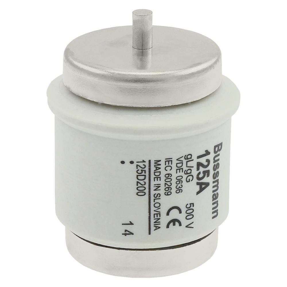 Ein zylindrischer Bussmann 125A Sicherung, gekennzeichnet mit Spezifikationen: 500V, gL/gG, IEC 60269, hergestellt in Slowenien. Entwickelt für elektrischen Schutz.