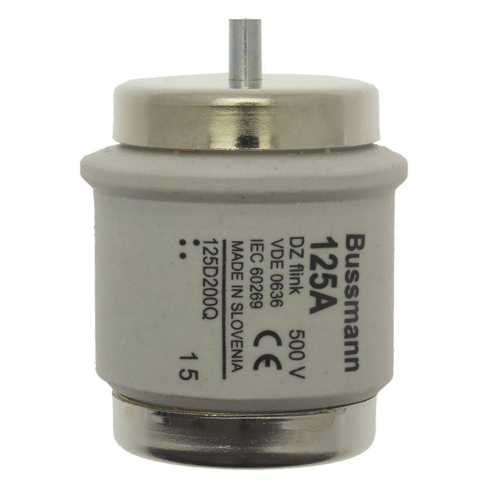 Eine zylindrische Bussmann-Sicherung, ausgelegt für 125A bei 500V, mit weißem Gehäuse und metallischen Enden, mit technischen Spezifikationen auf der Oberfläche bedruckt.