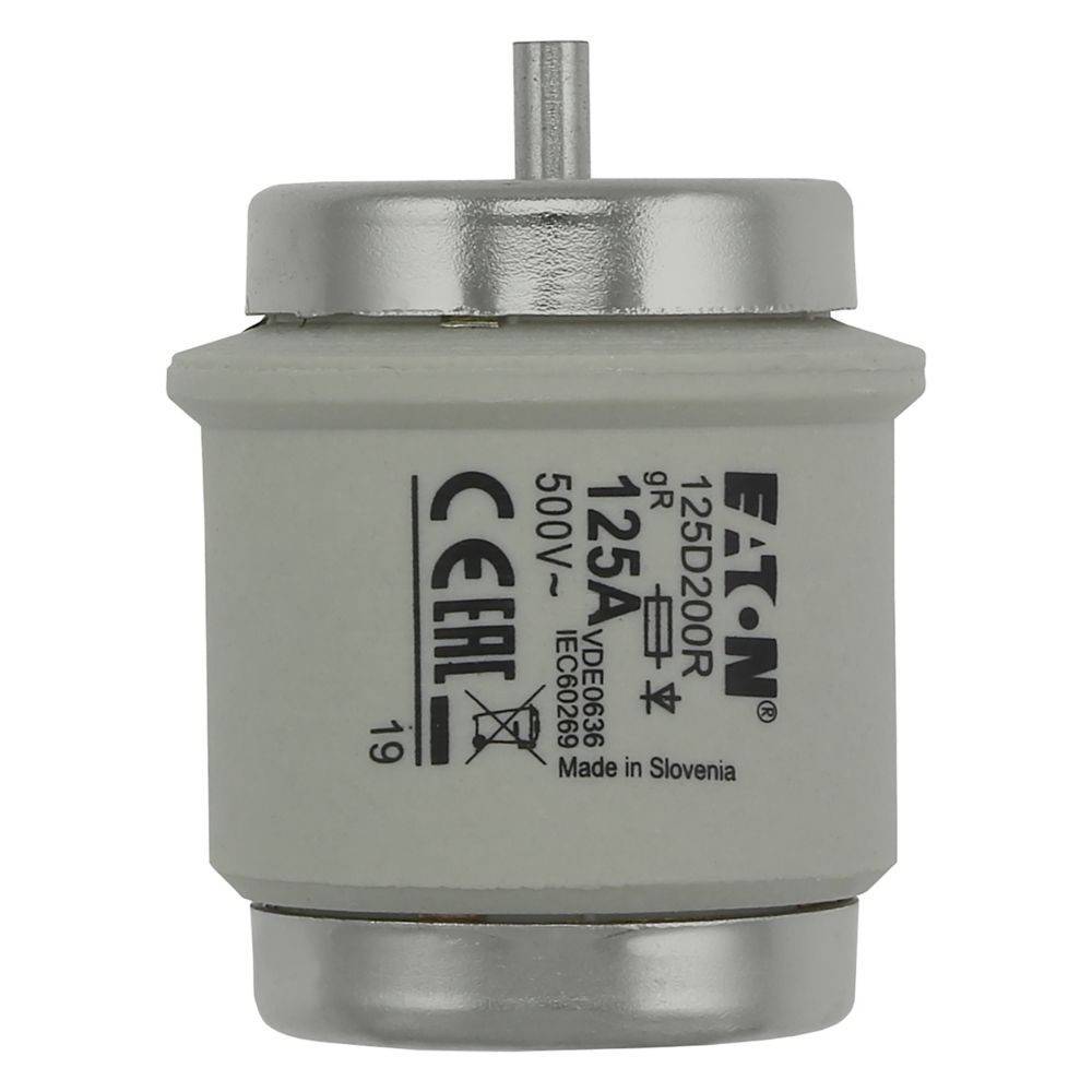 Eine zylindrische Eaton-Sicherung mit einer Nennstärke von 125A und 500V, gekennzeichnet mit CE und verschiedenen Sicherheitssymbolen, hergestellt in Slowenien.