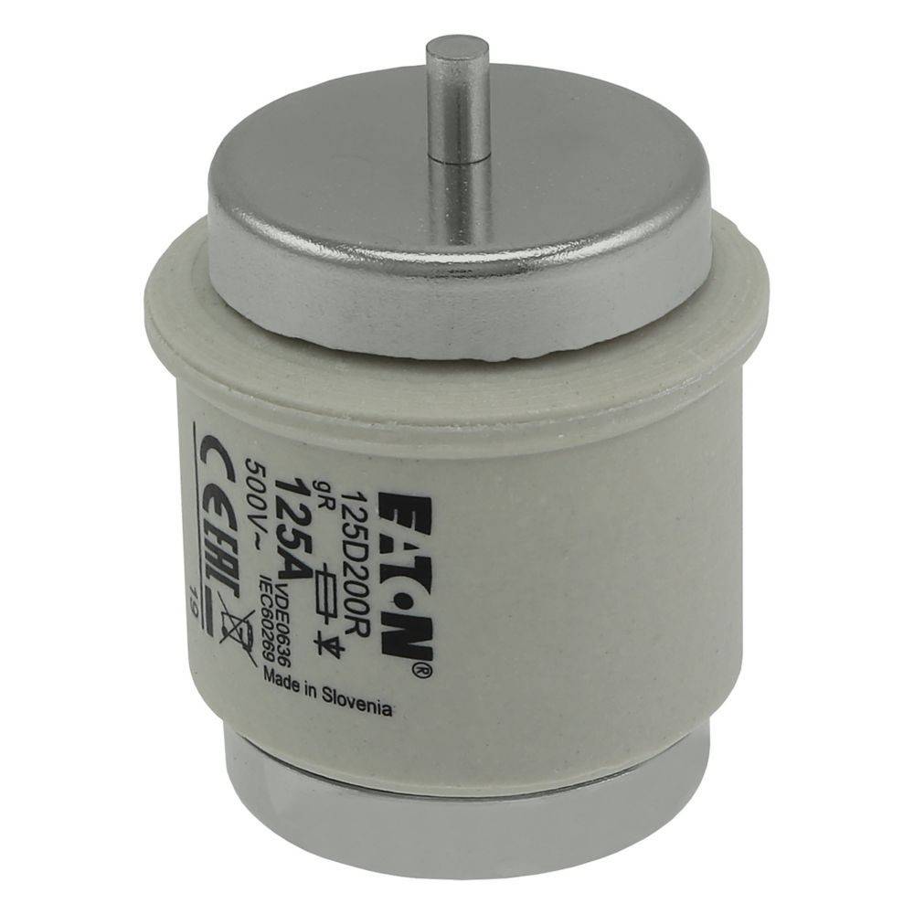 Eine zylindrische elektrische Sicherung mit Metallkappe, gekennzeichnet als 'Eaton 125CD20R', mit einer Nennstromstärke von 12,5A und 500V, hergestellt in Slowenien.