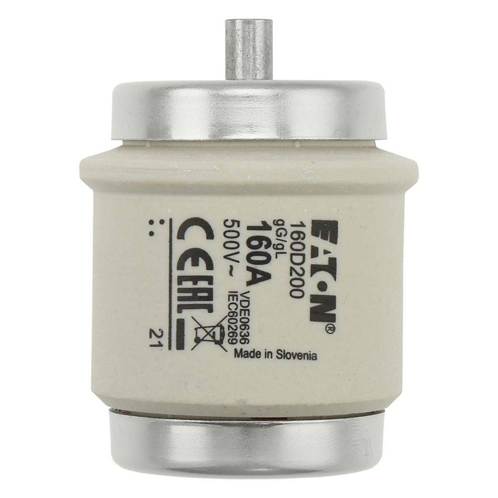 Eine zylindrische elektrische Sicherung mit der Bezeichnung 'EATON 160D200', ausgelegt für 160A und 500V, trägt Konformitätszeichen, die darauf hindeuten, dass sie in Slowenien hergestellt wurde.