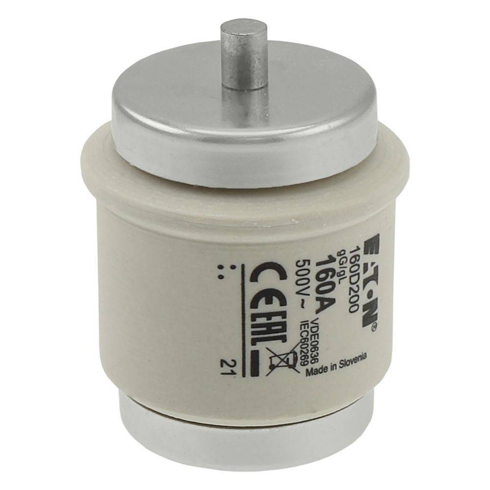 Eine zylindrische weiße Sicherung mit 'Eaton' Branding, ausgelegt für 160A, 500V und gekennzeichnet mit CE und VDE/DE/T0330/EN60269 Zertifizierung. Hergestellt in Slowenien.