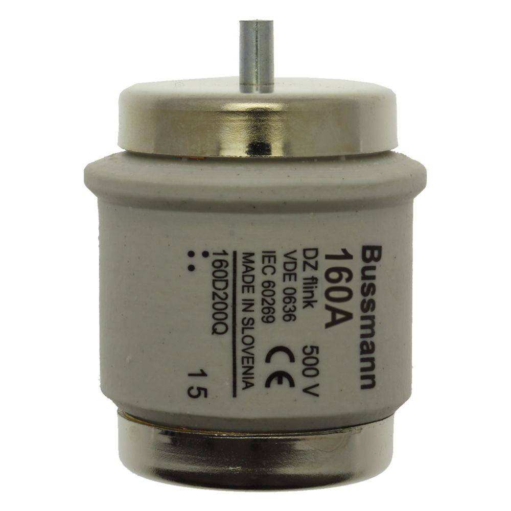 Zylindrische Bussmann-Sicherung, Modell 160A, bewertet mit 500V. Gekennzeichnet mit 'DIN VDE 0636 IEC 60269', 'Hergestellt in Slowenien'.
