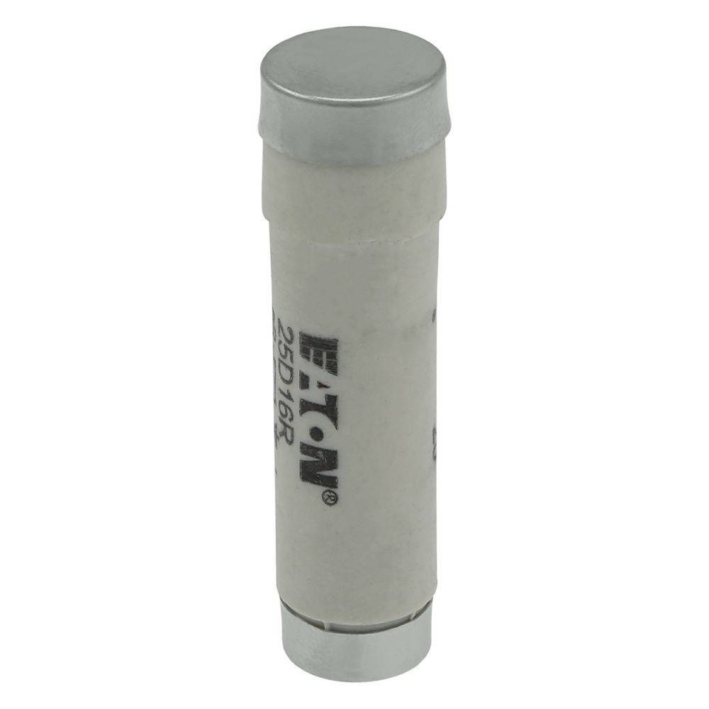 Eine zylindrische elektrische Sicherung mit Metallkappen an beiden Enden, mit der Bezeichnung 'EATON 25D16R'. Dient zum Schutz von Stromkreisen vor Überstrom.