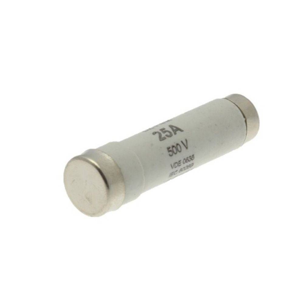 Eine Zylindersicherung mit der Aufschrift '25A 500V VDE 0636' auf seinem Gehäuse, die zum Schutz elektronischer Schaltkreise vor Überlastungen verwendet wird.