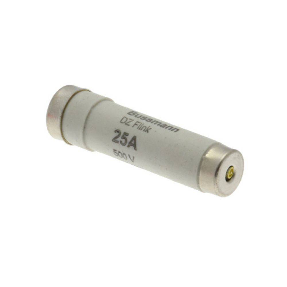Eine zylindrische elektrische Sicherung, beschriftet mit '25A, 500V', mit Metallkappen an beiden Enden.