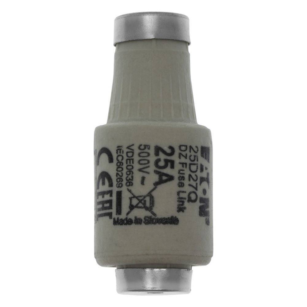 Ein 25A 500V Sicherungseinsatz, konzipiert für elektrische Schaltkreise, hergestellt von Eaton. Der Körper ist zylindrisch mit Metallkappen an beiden Enden.