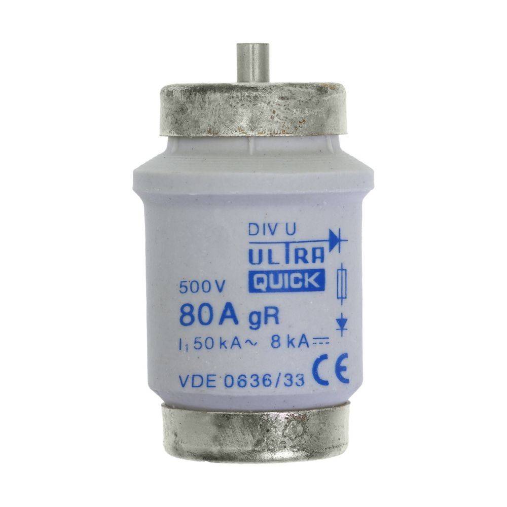 Eine zylindrische 80A-Sicherung mit der Aufschrift 'DIVU ULTRA QUICK' mit einer Spannung von 500V und einer Stromtragfähigkeit von 1,5 kA bis 8 kA.