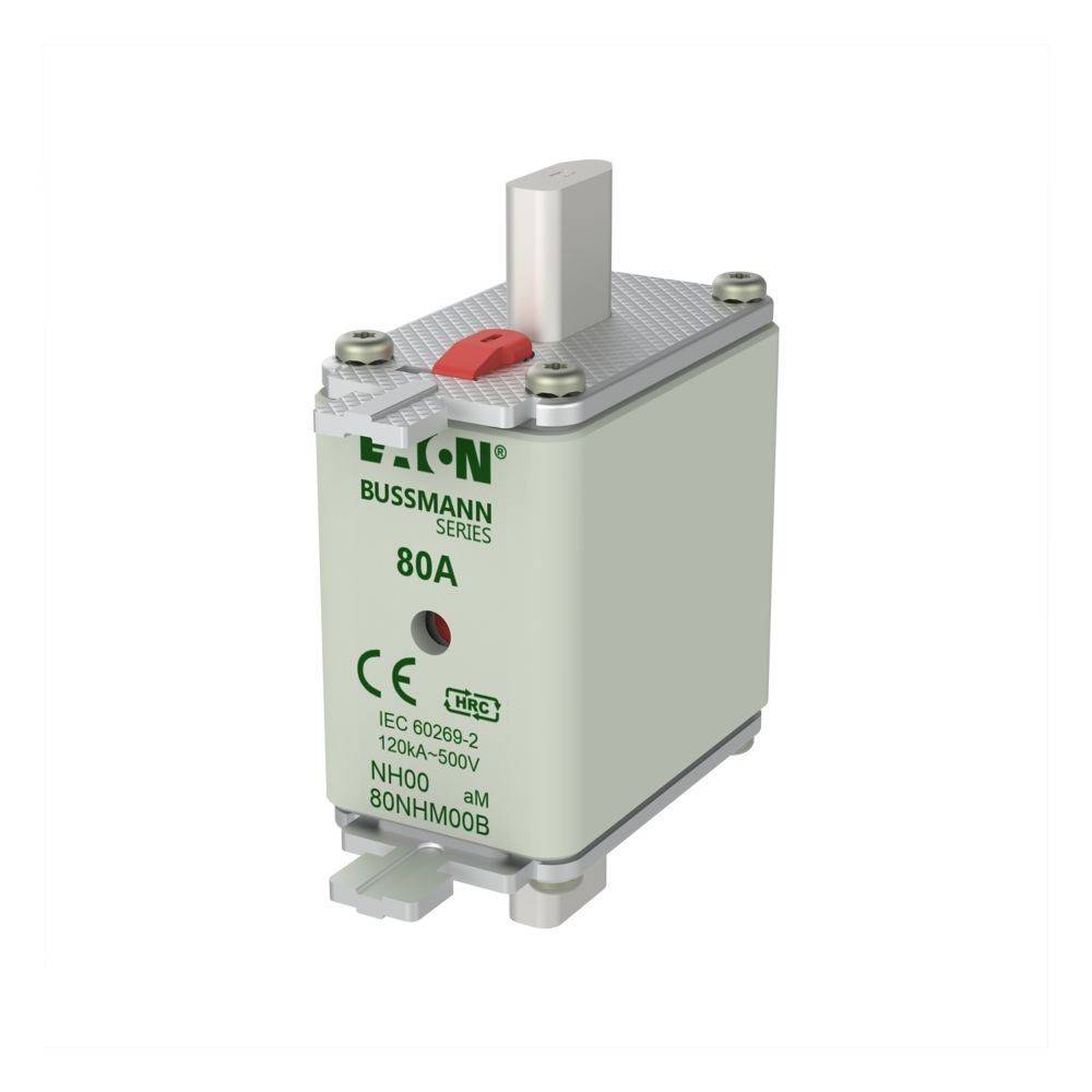 Eaton Bussmann Serie 80A Sicherung mit rotem Indikator, ausgelegt für 120kA-500V, Modell NH00, IEC 60269-2 Standard, HRC zertifiziert.