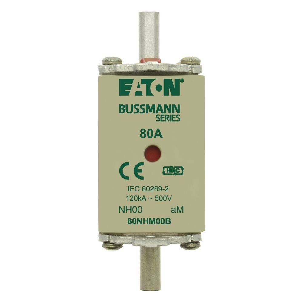 Eaton Bussmann Sicherung, bezeichnet als '80A', 'IEC 60269-2', '120kA - 500V', 'NH00', '80NHM00B'. Entwickelt zum Schutz elektrischer Stromkreise.