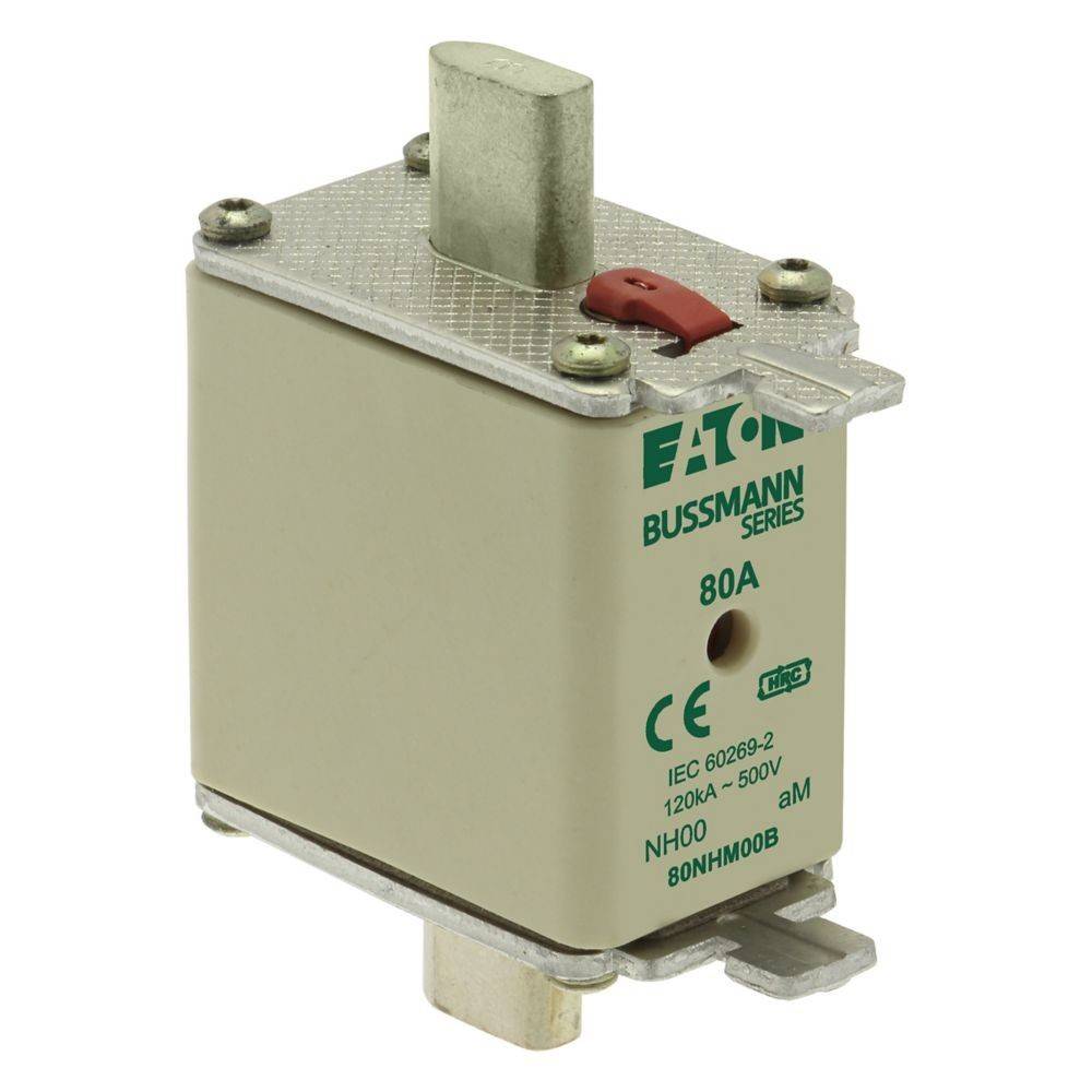 Eine beige Eaton Bussmann Serie 80A Sicherung mit Metallverbinder. Sie ist mit CE-Zertifizierung und Spezifikationen einschließlich 120kA und 500V gekennzeichnet.