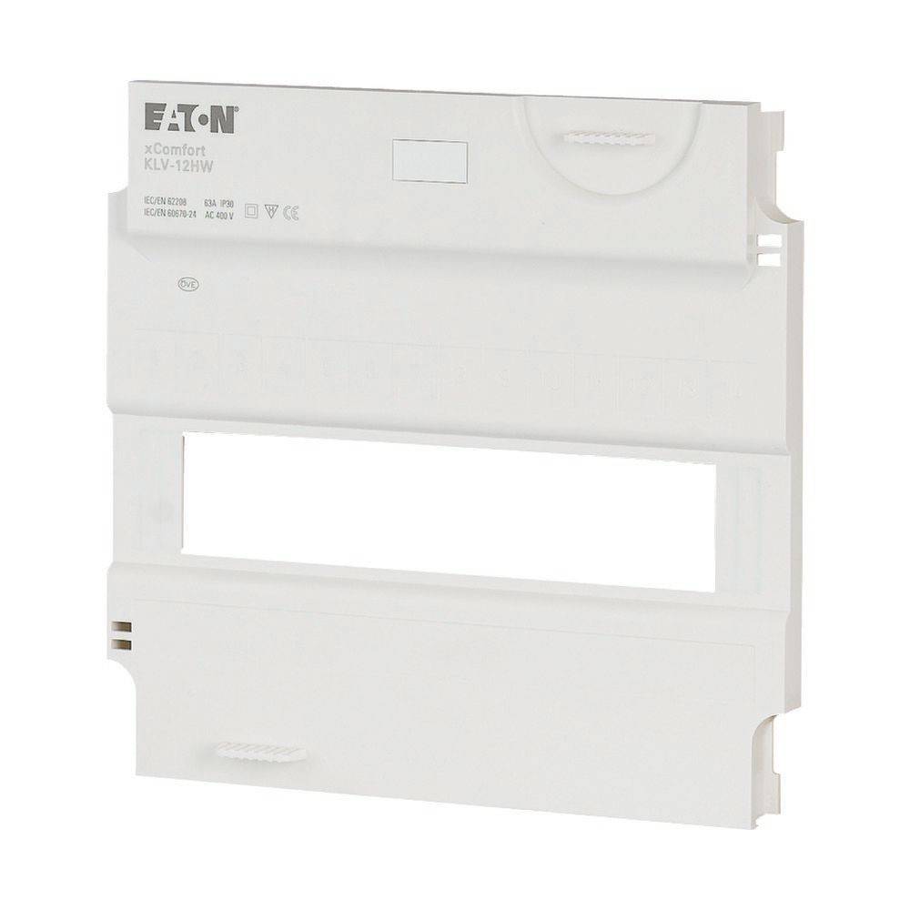 Weiße Eaton xComfort Gehäuseschale mit rechteckiger Ausnehmung, Schraublöchern und Markierungsdetails.