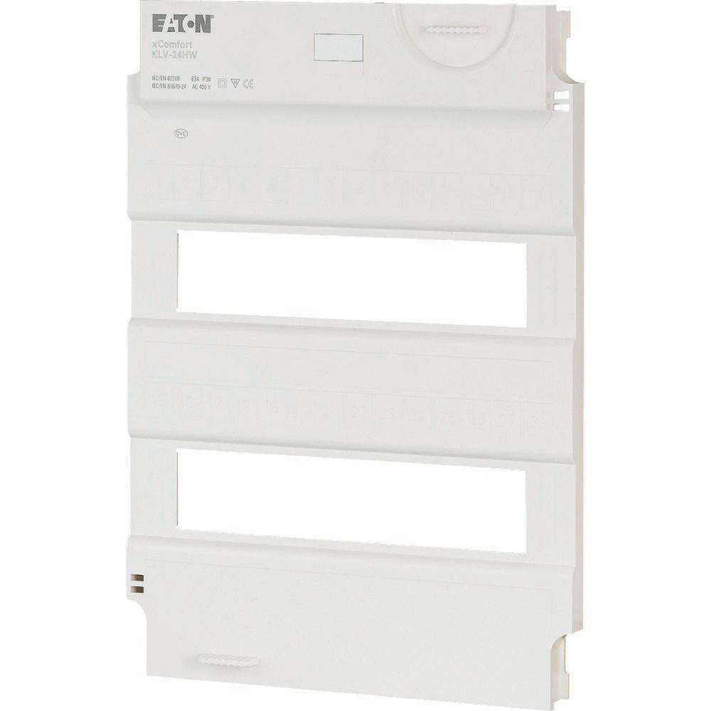 Eine weiße, rechteckige Eaton-Elektrosicherungskastenabdeckung mit Markierung und Schlitzen für Sicherungsautomaten.